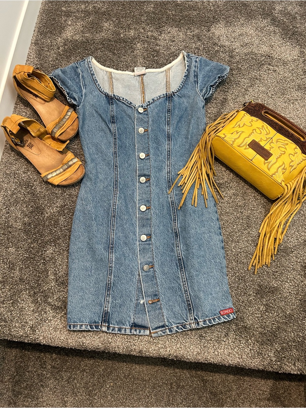 Vintage Bongo Blue Denim Button-Front Casual Dress